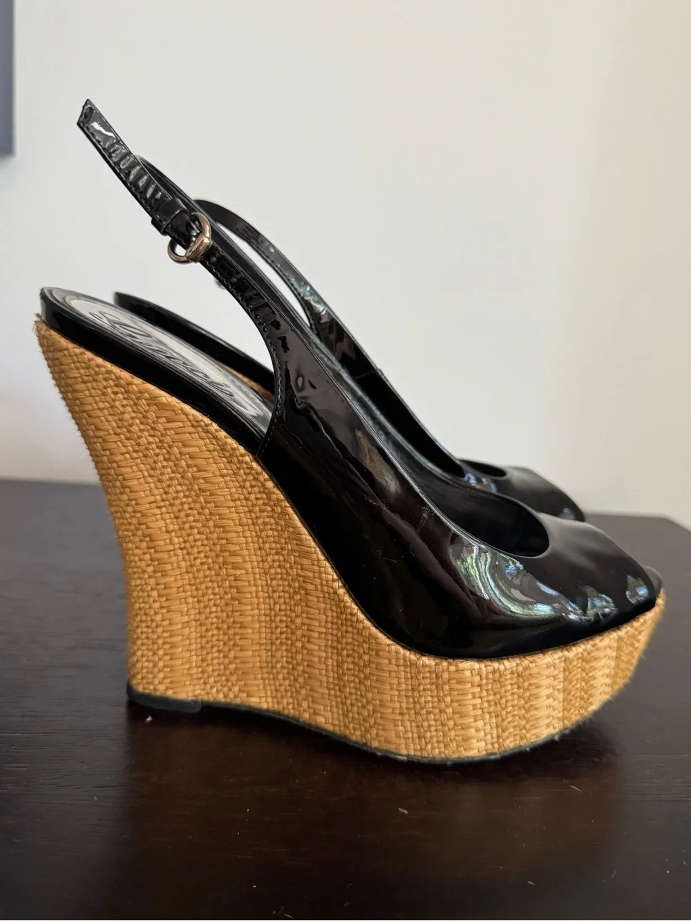 Gucci Black Patent Open Toe Wedges